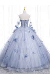 Blue Long Sleeves Tulle Semi Formal Prom Dress with Flowers, Puffy Off the Shoulder Quinceanera Dress